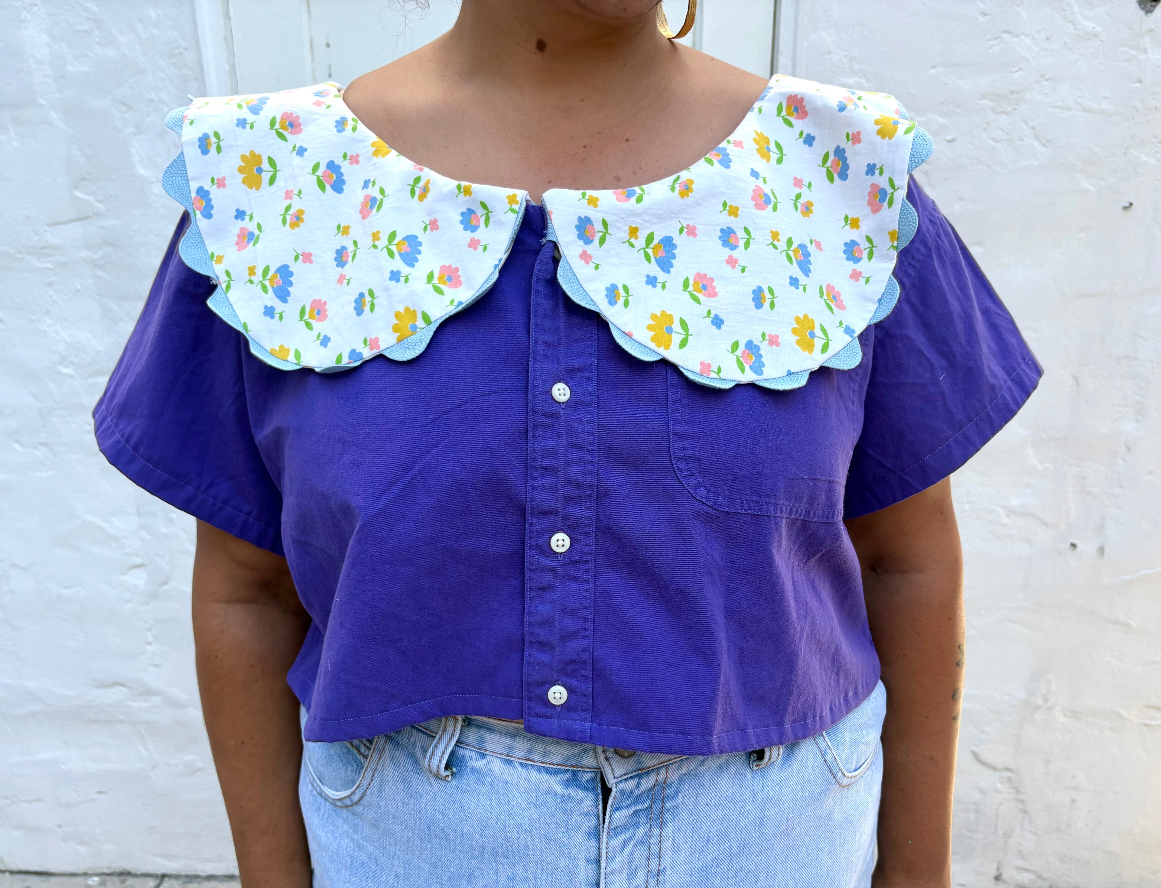 Upcycled Big Collar Crop Blouse Purple XL