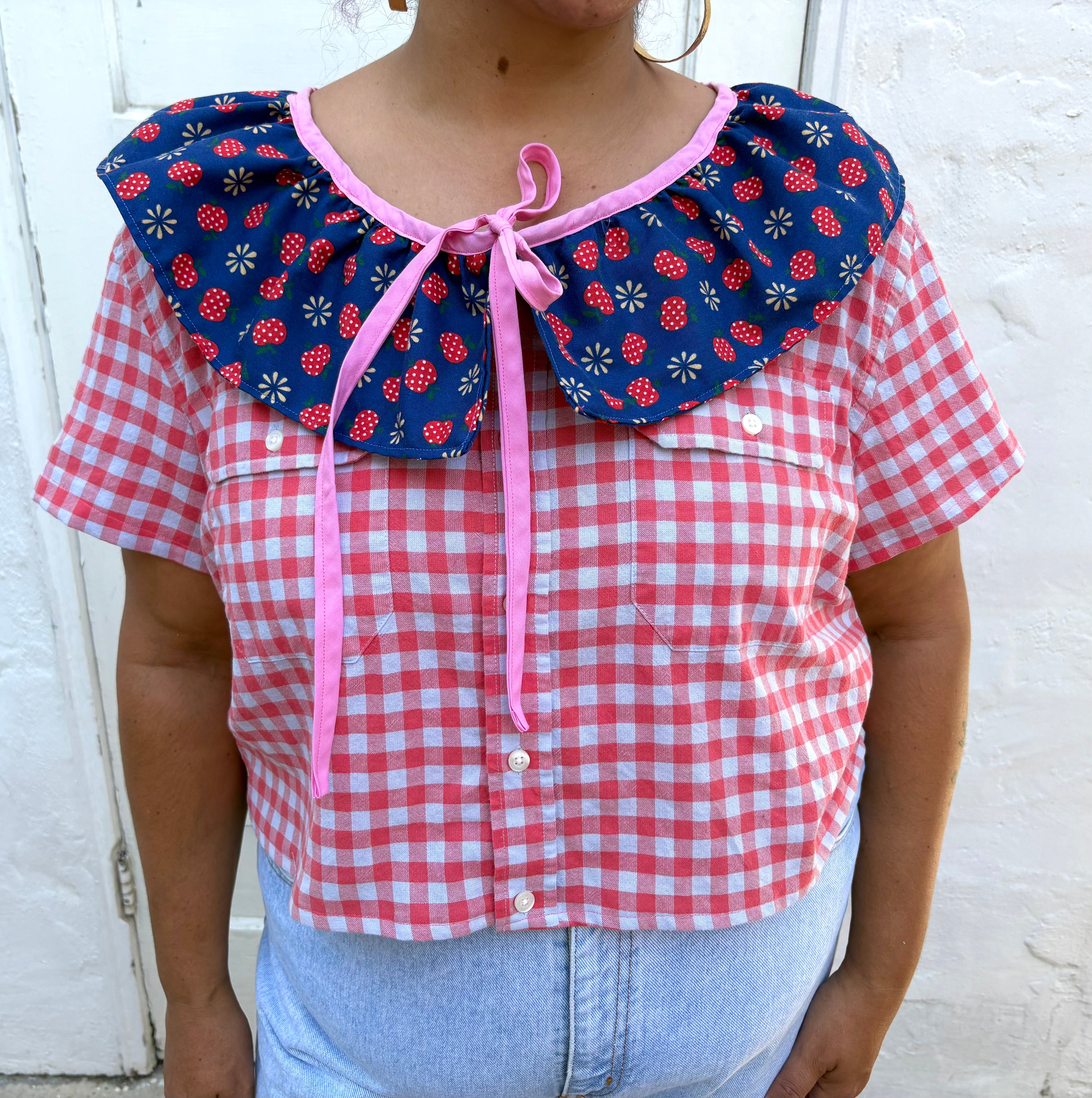 Upcycled Big Collar Crop Blouse Gingham XL