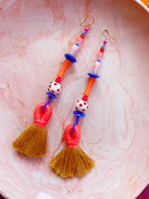 Load image into Gallery viewer, Coral and Mustard Long Tassel Earrings
